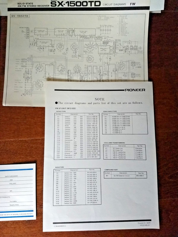Manual Fold Out & Schematic= Pioneer Solid State AM/FM Stereo Receiver SX-1500TD gallery
