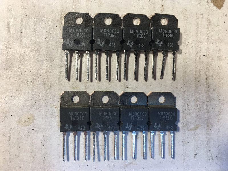 TIP35C and TIP36C Transistors, Lot of 8, 4 of each, Original Texas Instruments