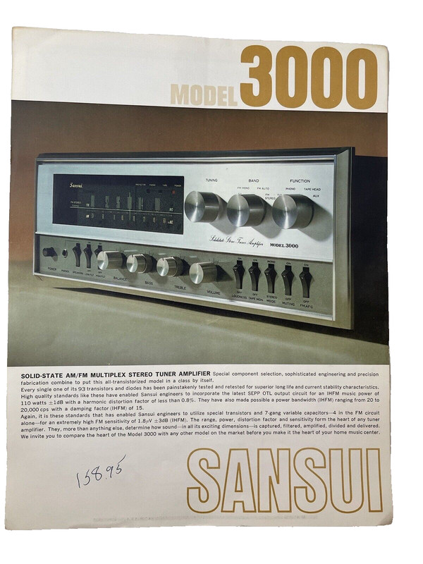 Sansui Stereo Model 3000 Print Ad Tuner Amplifier Color specs Japan Prop Advert