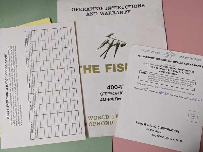 Fisher 400T Operating Instruction Stereophonic AM-FM Receiver Manual & Paperwork