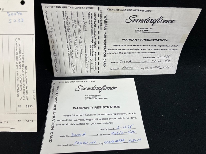 1975 SOUNDCRAFTSMAN AM-FM STEREO RECIEVER MODEL 3000A OWNER'S MANUAL & MORE. gallery