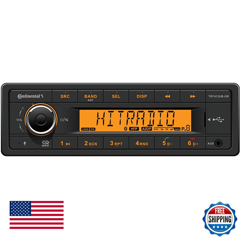 Vdo Continental Tr7412Ub-Or European Style 12V Radio Orange Display Bluetooth