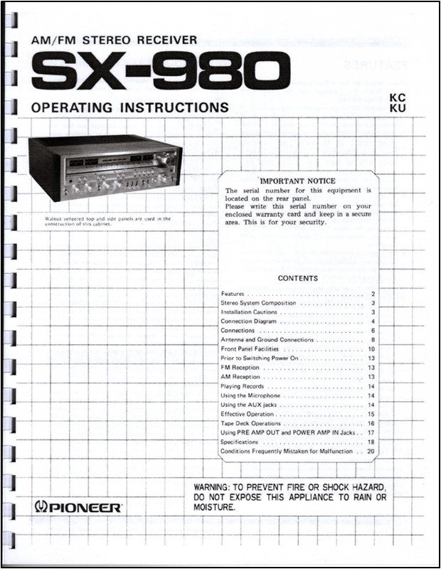 Pioneer SX-980 Stereo Receiver Owners Manual