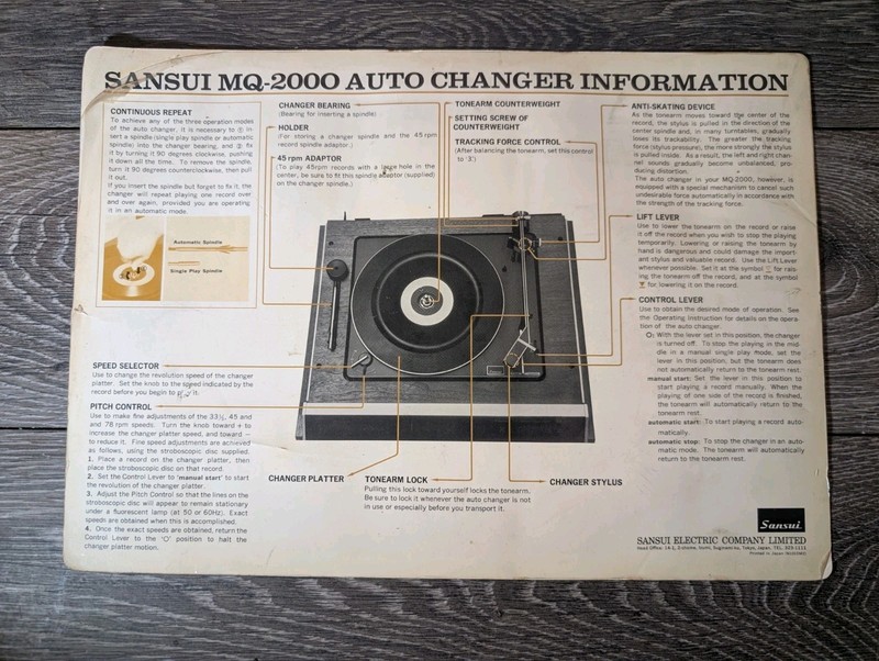 Sansui MQ-2000 Function Chart Front panel/ Auto Changer Information Instructions gallery