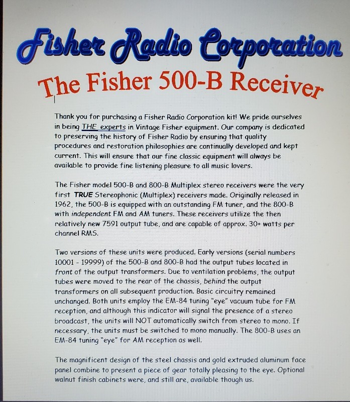Fisher 500-B 500B Vacuum Tube Receiver Restoration Kit gallery