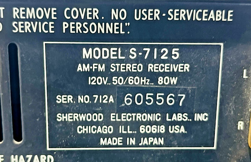 Sherwood S-7125 AM/FM Stereo Receiver 120V *Cut Power Cord* Power Tested gallery