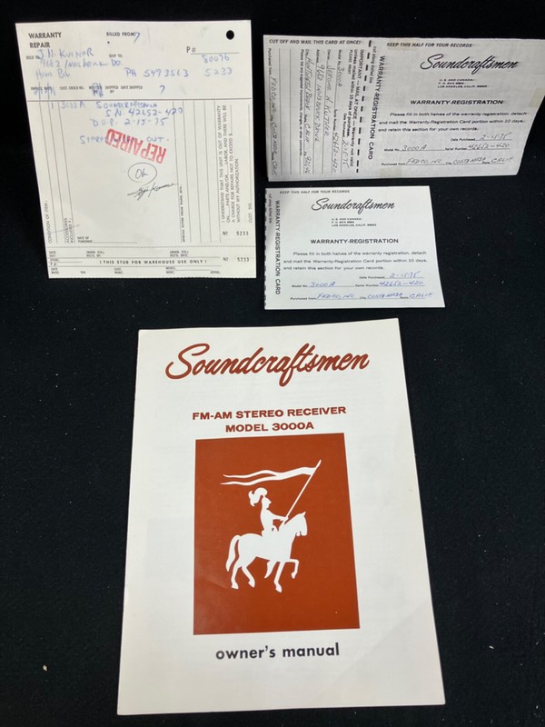 1975 SOUNDCRAFTSMAN AM-FM STEREO RECIEVER MODEL 3000A OWNER’S MANUAL & MORE.