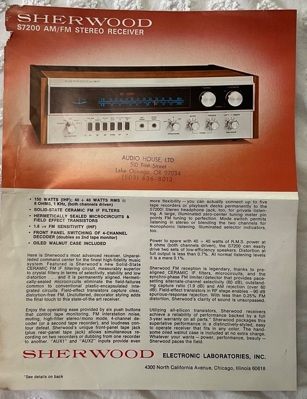 SHERWOOD S-7200 RECEIVER ORIG 7 PC OPERATING MANUAL, SCHEMATIC ETC-NOT A REPRINT gallery