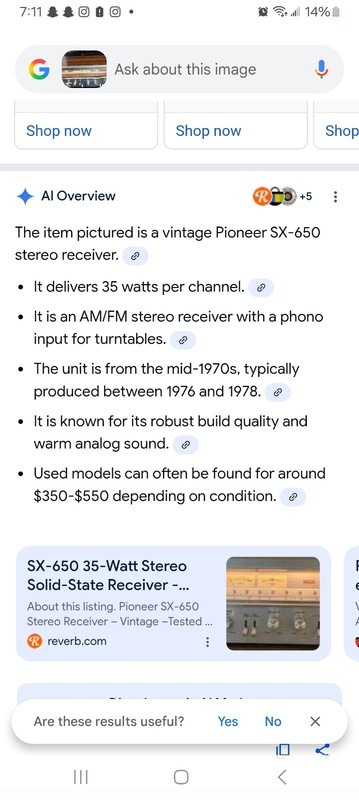 The item pictured is a vintage Pioneer SX-650 stereo receiver. gallery